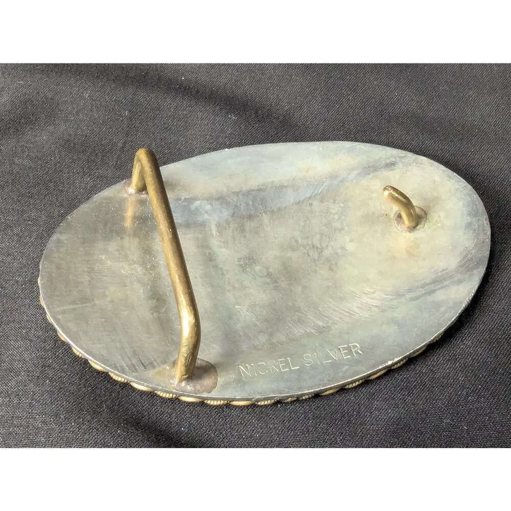 Vintage Western Belt Buckle Roping Cowboy Motif Nickel Silver Gold Tone 3.5 Inch